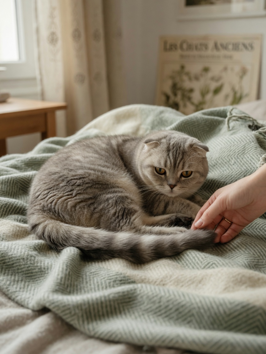 Scottish Fold cat on blanket showing signs of pain and reluctance to move, particularly in tail and lower body