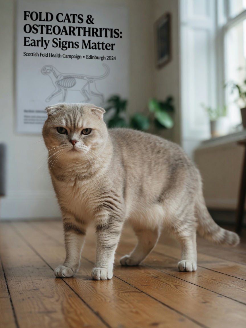 Scottish Fold cat displaying abnormal wide-based gait and rigid posture characteristic of osteochondrodysplasia