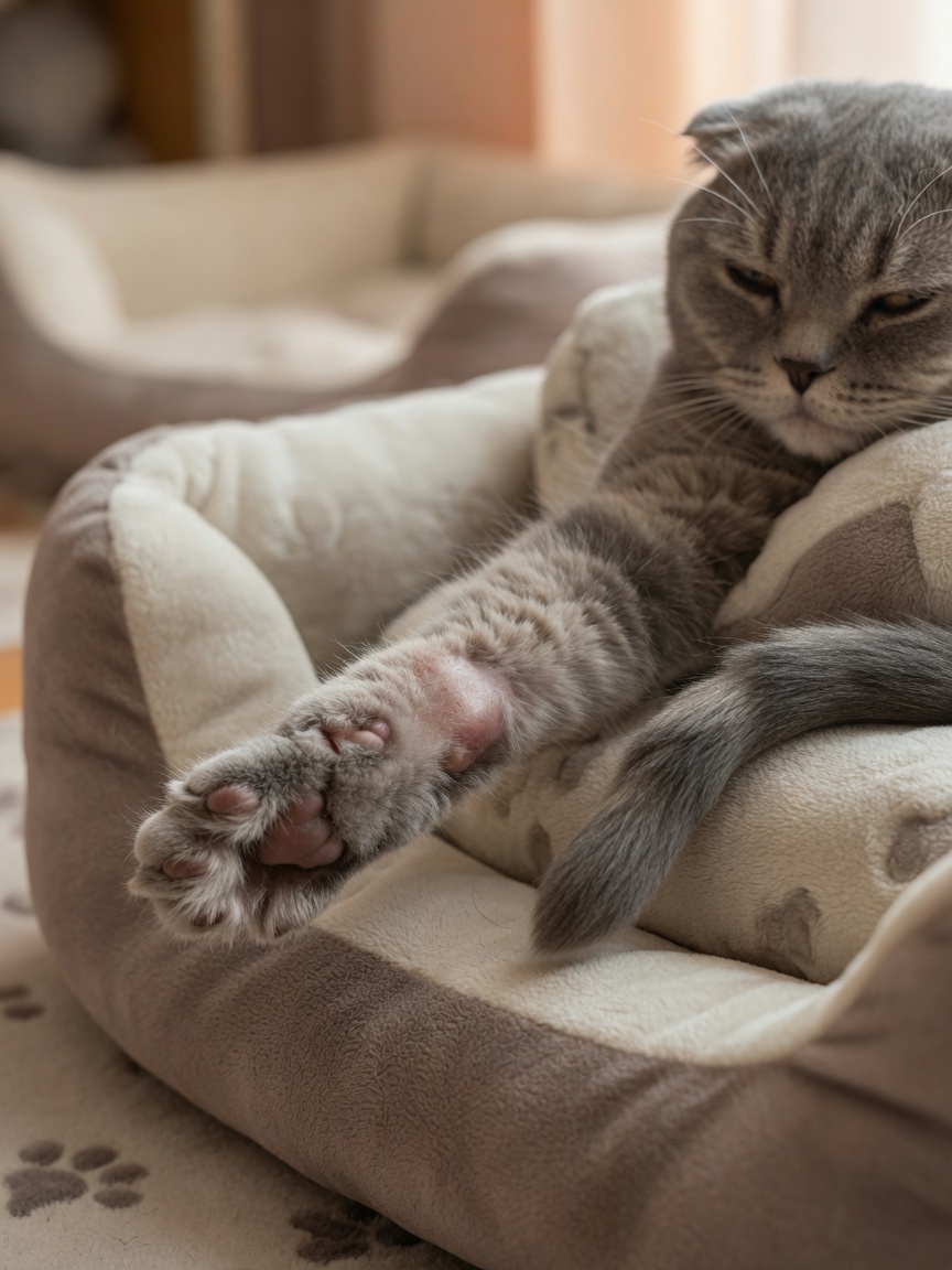 Scottish Fold cat resting on orthopedic bed with visibly stiff hind legs and rigid tail showing signs of joint disease