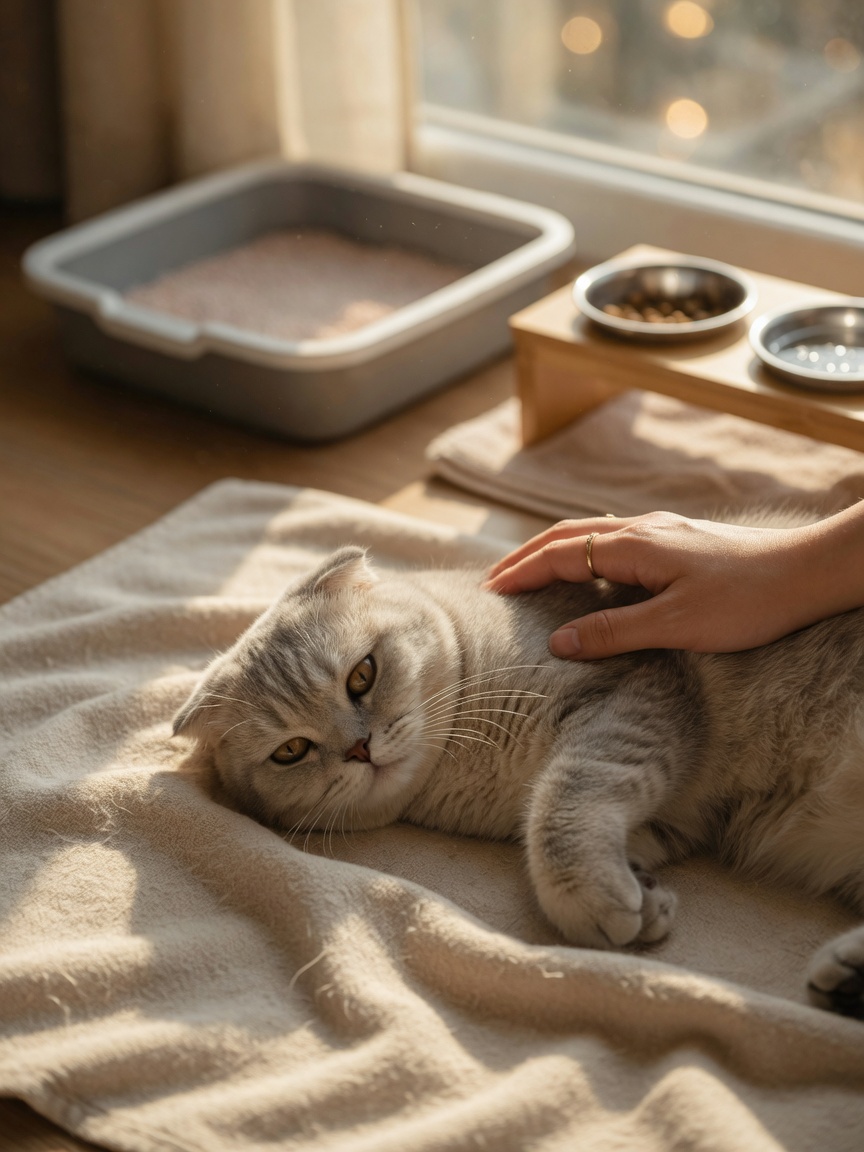 Scottish Fold cat resting peacefully with owner's gentle hand on soft blanket, surrounded by low-profile litter tray and elevated feeding bowls for comfort care