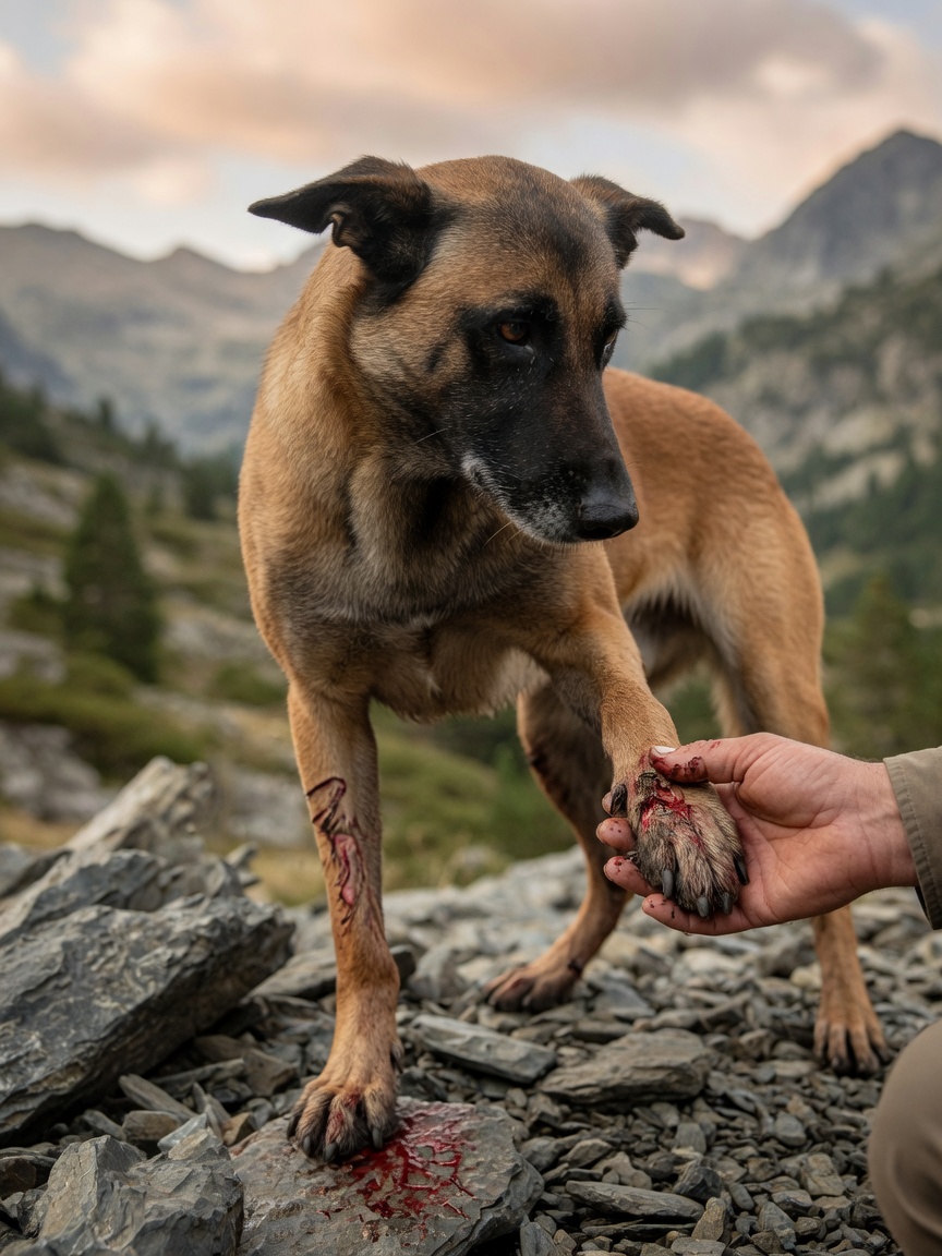 Belgian Malinois with muddy, injured paws from harsh rocky terrain, handler examining the dog's wounds after demanding SAR work