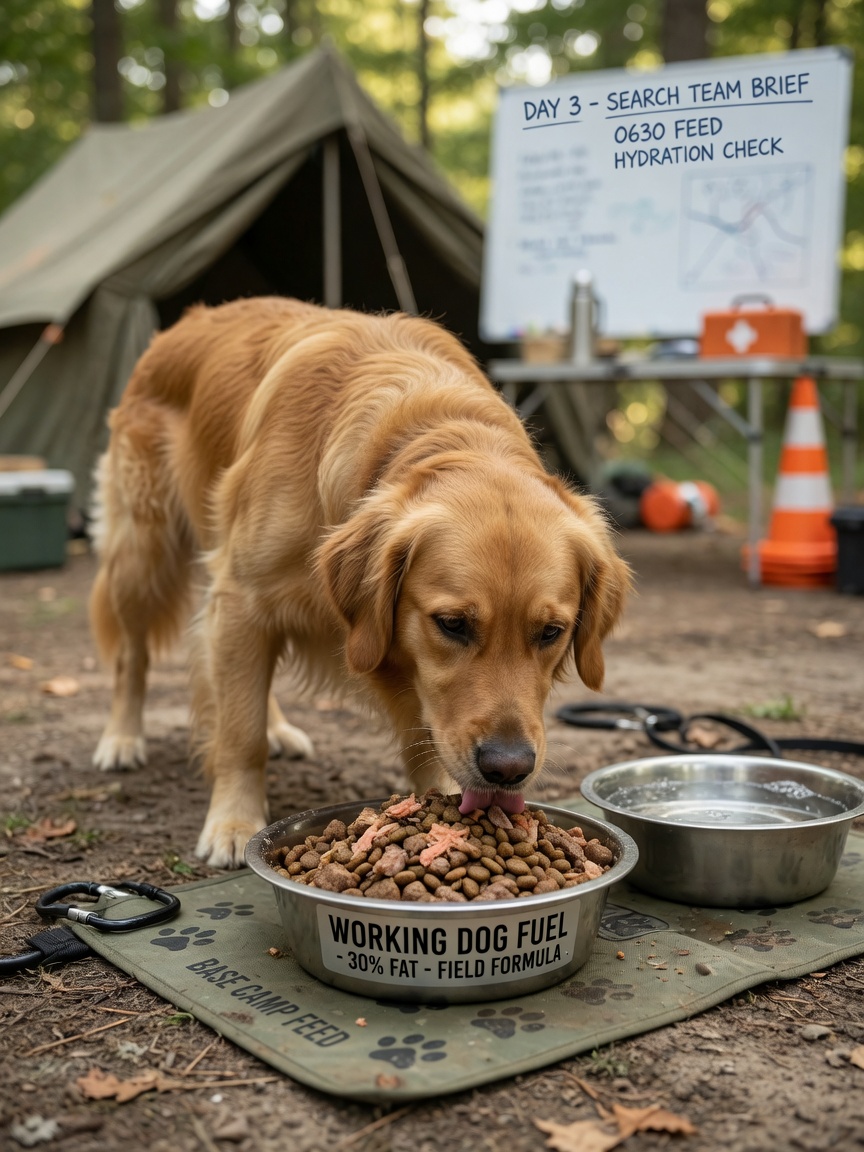 Golden Retriever eating high-calorie working dog food from a bowl during SAR recovery, demonstrating proper nutrition for active deployment