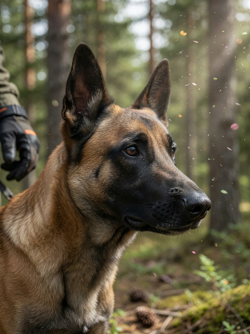 Close-up of Belgian Malinois SAR dog's face with fawn coat and black mask, nose prominent and alert, forest background, handler's hand visible