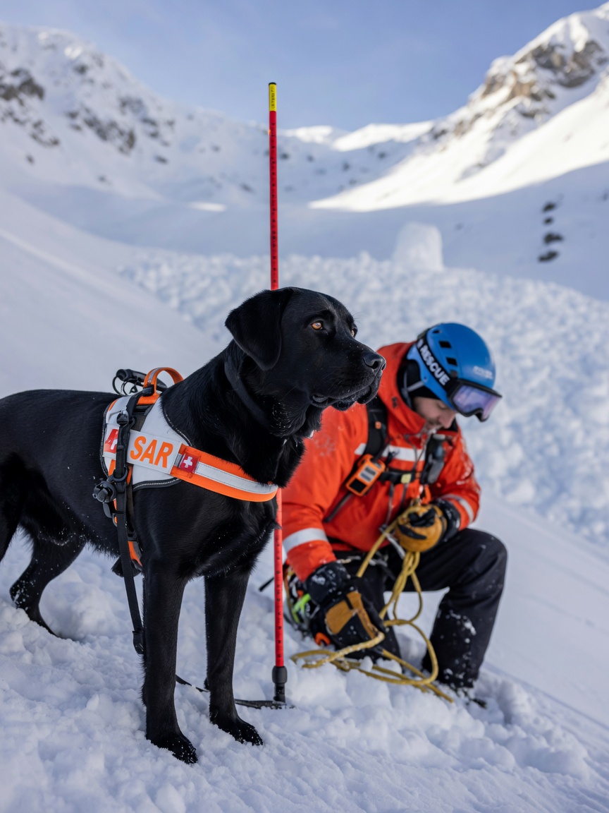 Black Labrador Retriever SAR dog with amber eyes on snowy mountain slope, wearing orange and white harness, avalanche rescue probe and handler visible, alpine terrain
