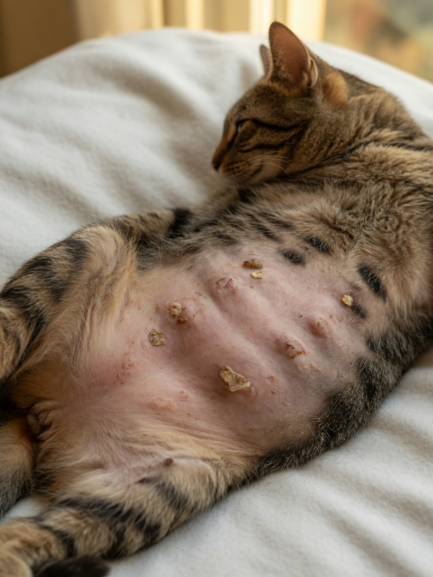 Tabby cat showing symmetrical hair loss and skin irritation from allergic over-grooming on belly