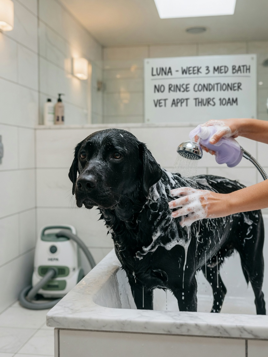 Black Labrador being bathed with medicated shampoo during allergy management routine
