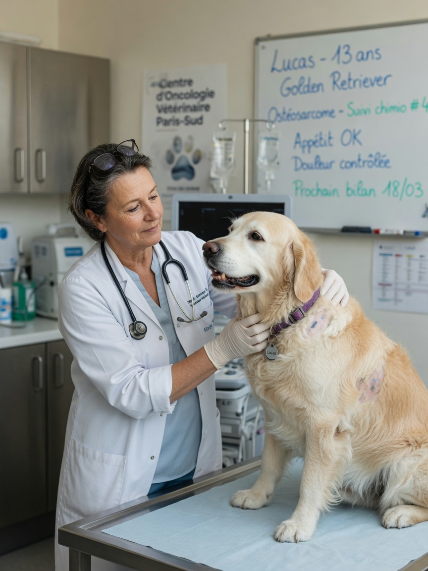 Veterinary specialist examining a senior golden retriever during a second opinion consultation