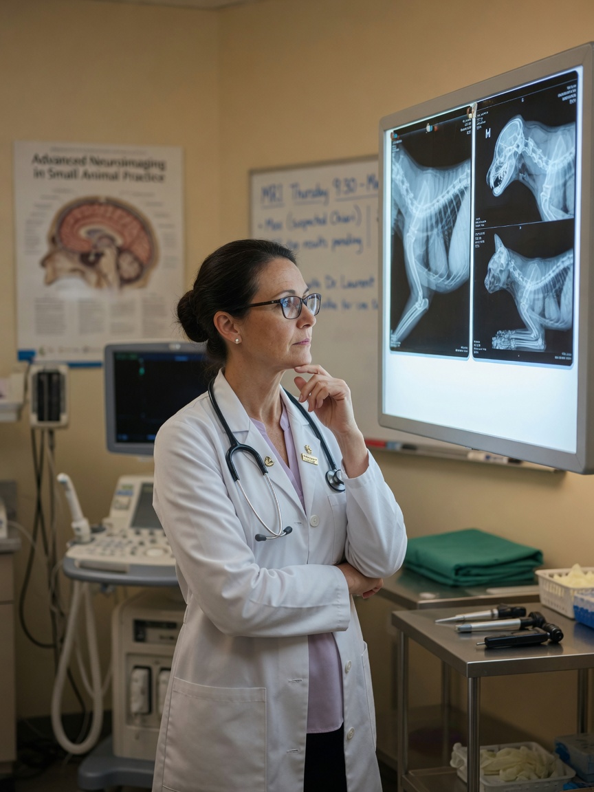 Veterinary specialist reviewing diagnostic imaging during clinical assessment