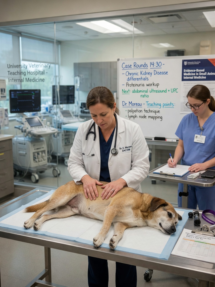 Board-certified veterinary specialist examining dog at university teaching hospital
