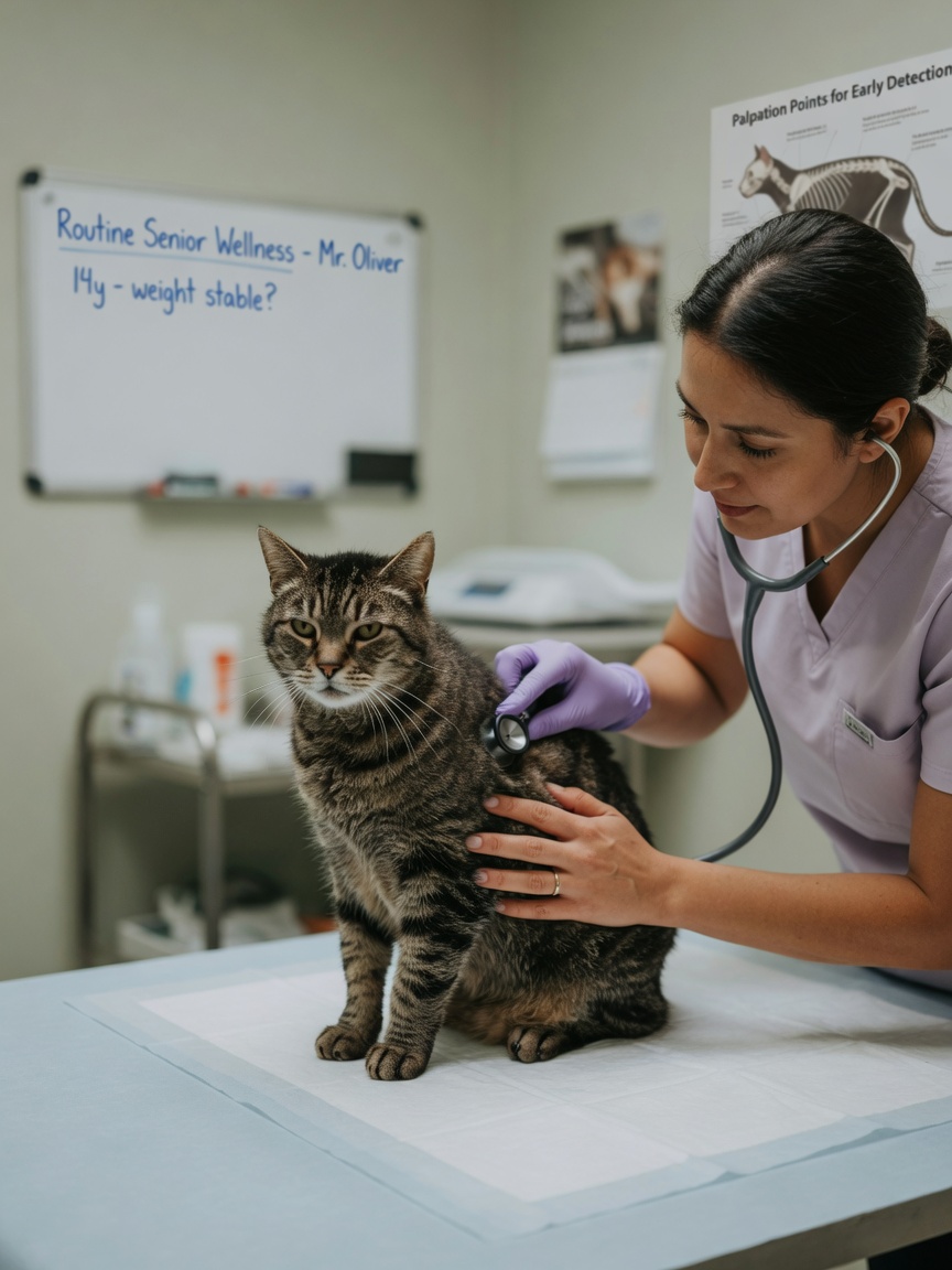Dierenarts onderzoekt een oudere grijze kat tijdens een lichamelijk onderzoek op een onderzoekstafel