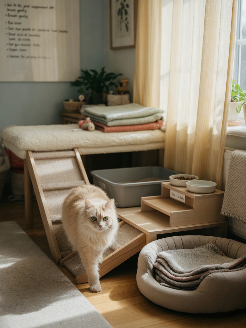 Oudere crèmekleurige kat in een huisomgeving met toegankelijke litter box hellingen, laag-instap waterenvoerbakken en gepolsterde venstervensterbanken