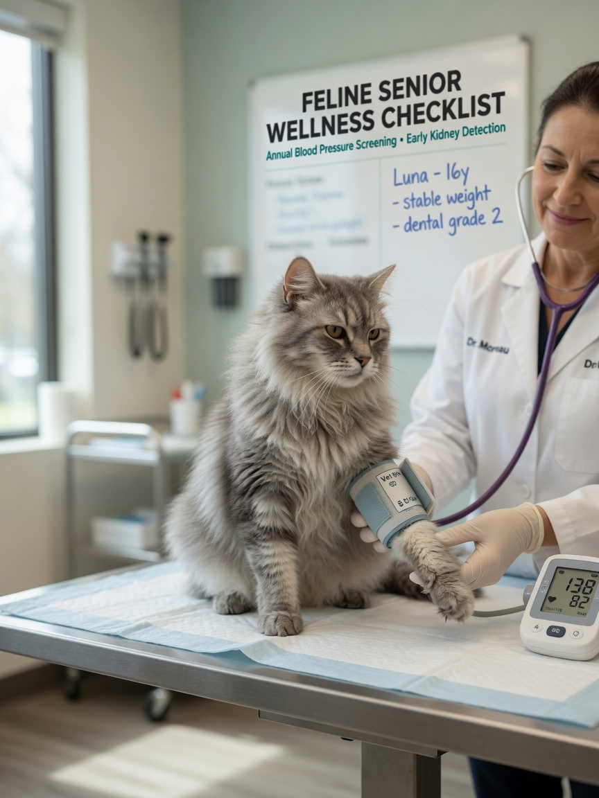 Veterinarian measuring blood pressure on senior cat during routine health check