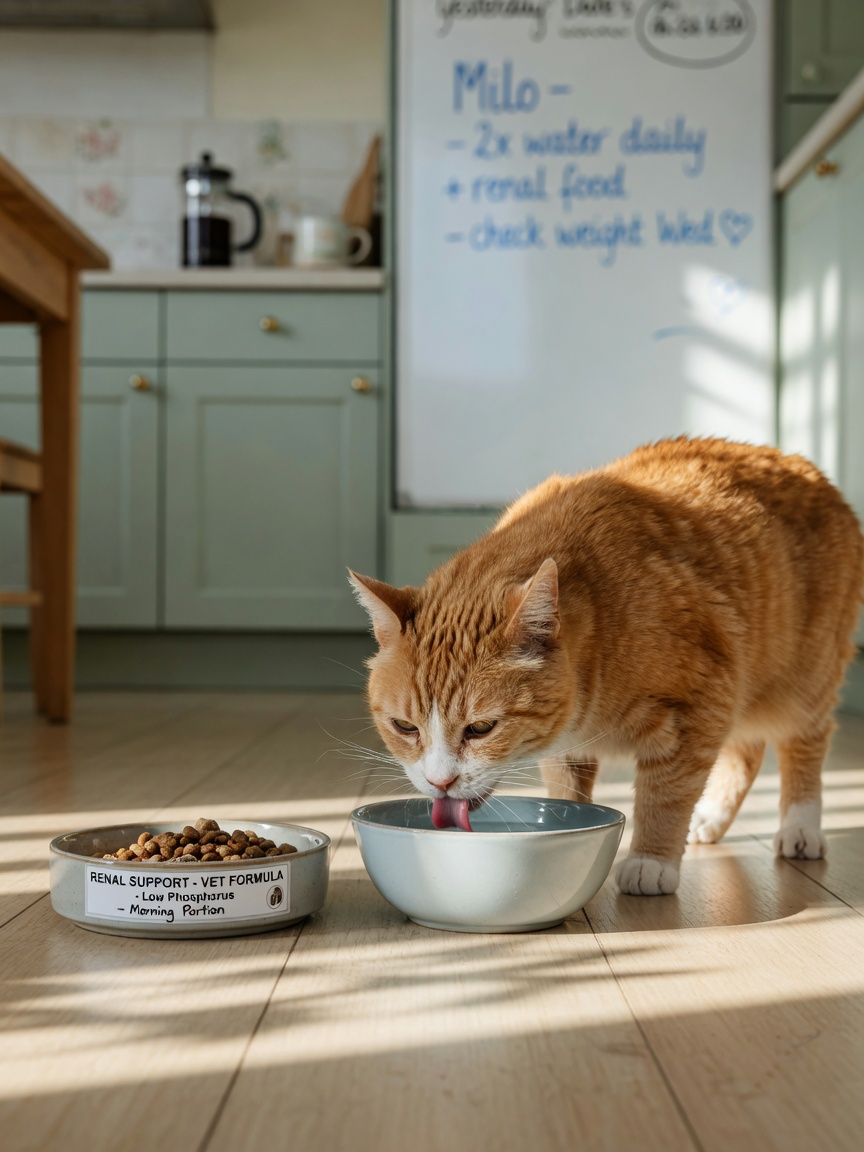 Senior cat drinking water, illustrating importance of hydration for kidney health