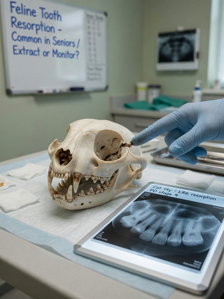 Veterinary dental X-ray and specimen showing feline tooth resorption and periodontal disease pathology