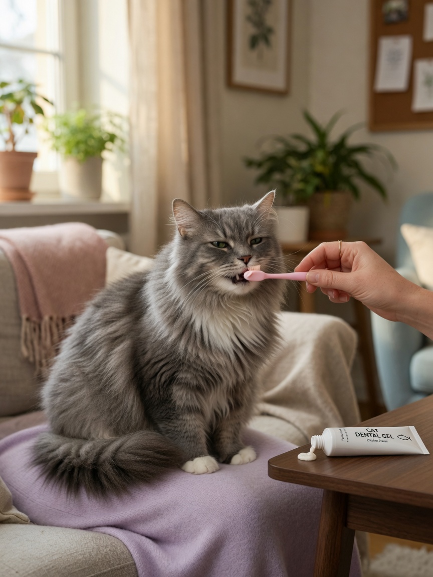 Owner gently brushing teeth of a senior grey cat during daily home dental care routine
