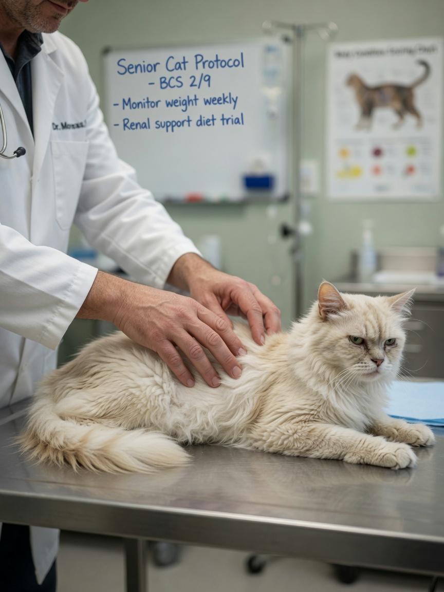 Veterinarian assessing body condition and muscle mass of a senior cat
