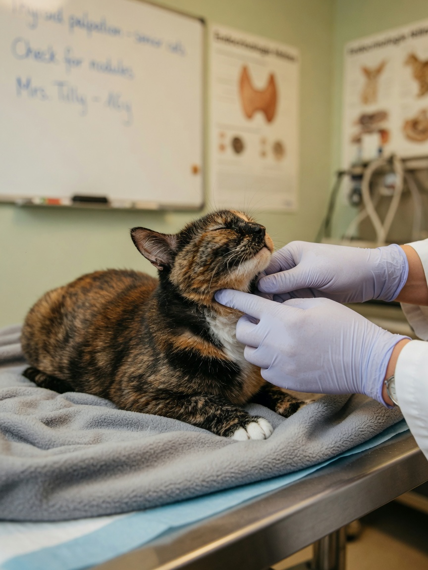 Veterinarian examining senior cat's thyroid area during physical examination