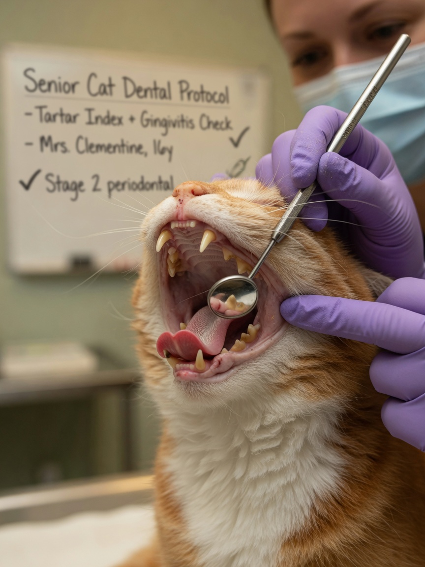 Veterinario che esegue un esame dentale sui denti e le gengive di un gatto anziano