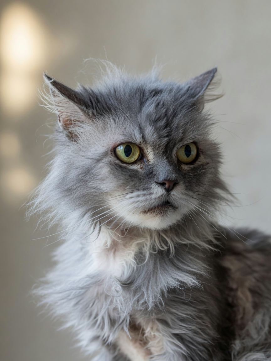 Chat senior montrant des signes d'hyperthyroïdie avec pelage ébouriffé et perte de poids
