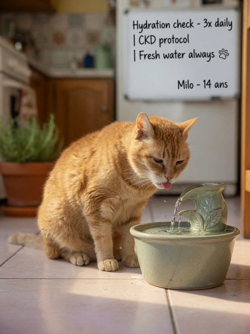 Chat senior buvant dans une fontaine d'eau, soulignant la gestion de l'hydratation pour la maladie rénale