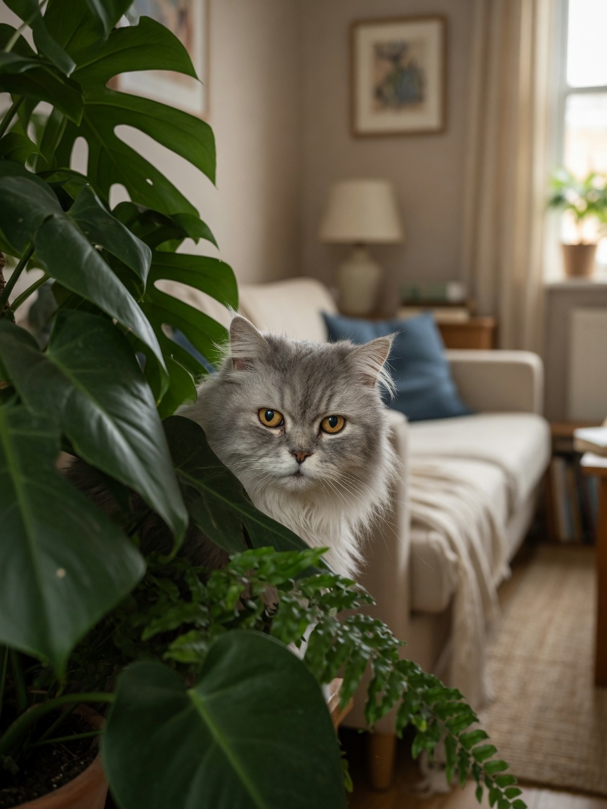 Senior cat partially hidden behind a houseplant, illustrating the feline instinct to conceal illness