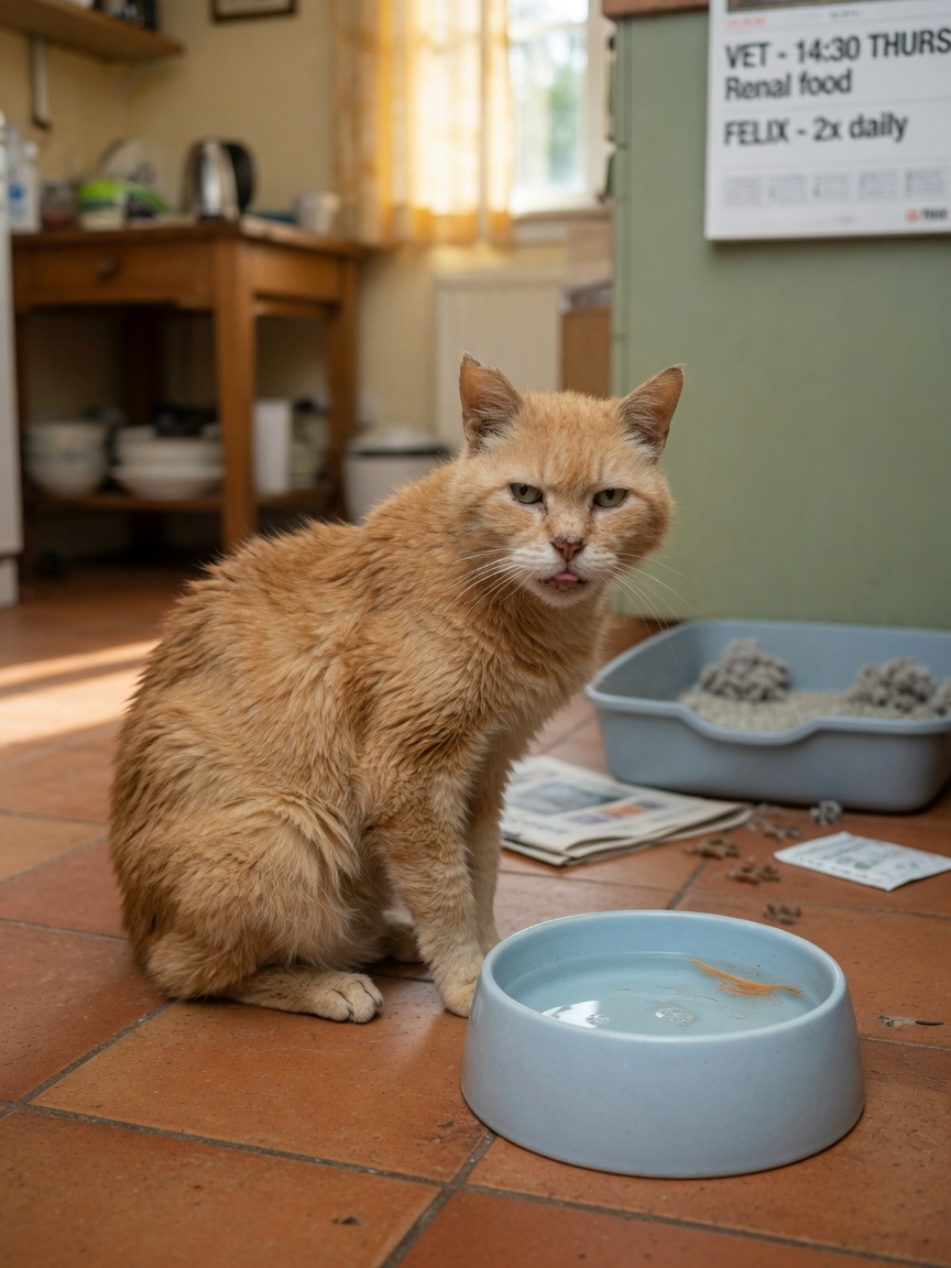Thin senior tabby cat beside a water bowl and litter tray, showing visible signs of age-related weight loss and increased water intake