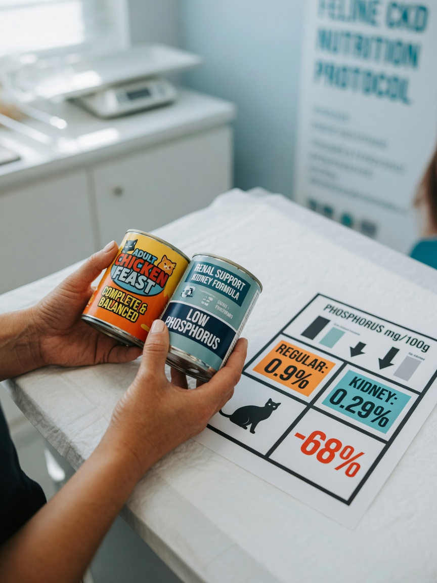 Two kidney diet cat food cans compared for phosphorus content during nutritional consultation