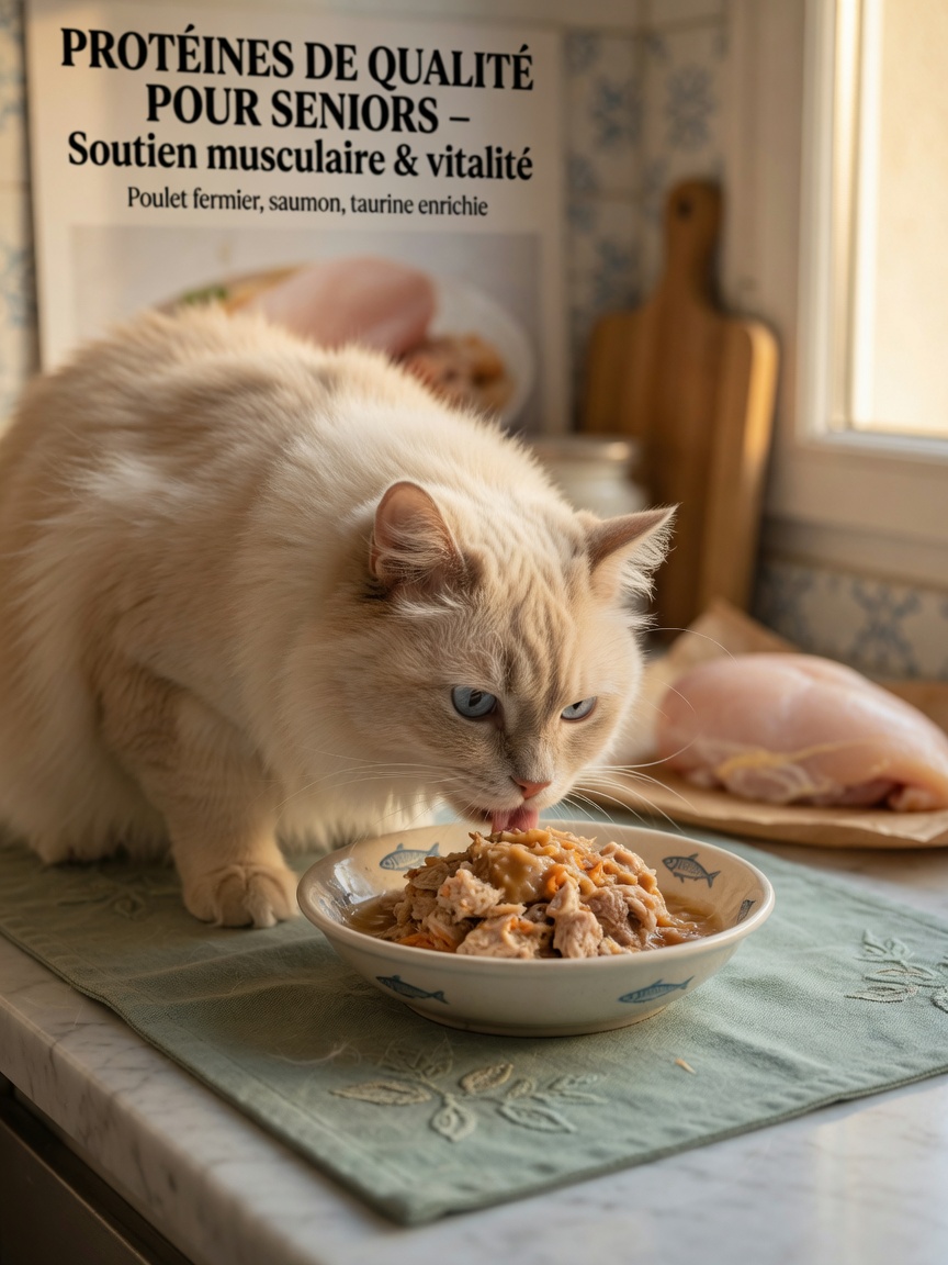 Senior Ragdoll cat eating protein-rich kidney diet food, demonstrating healthy muscle maintenance
