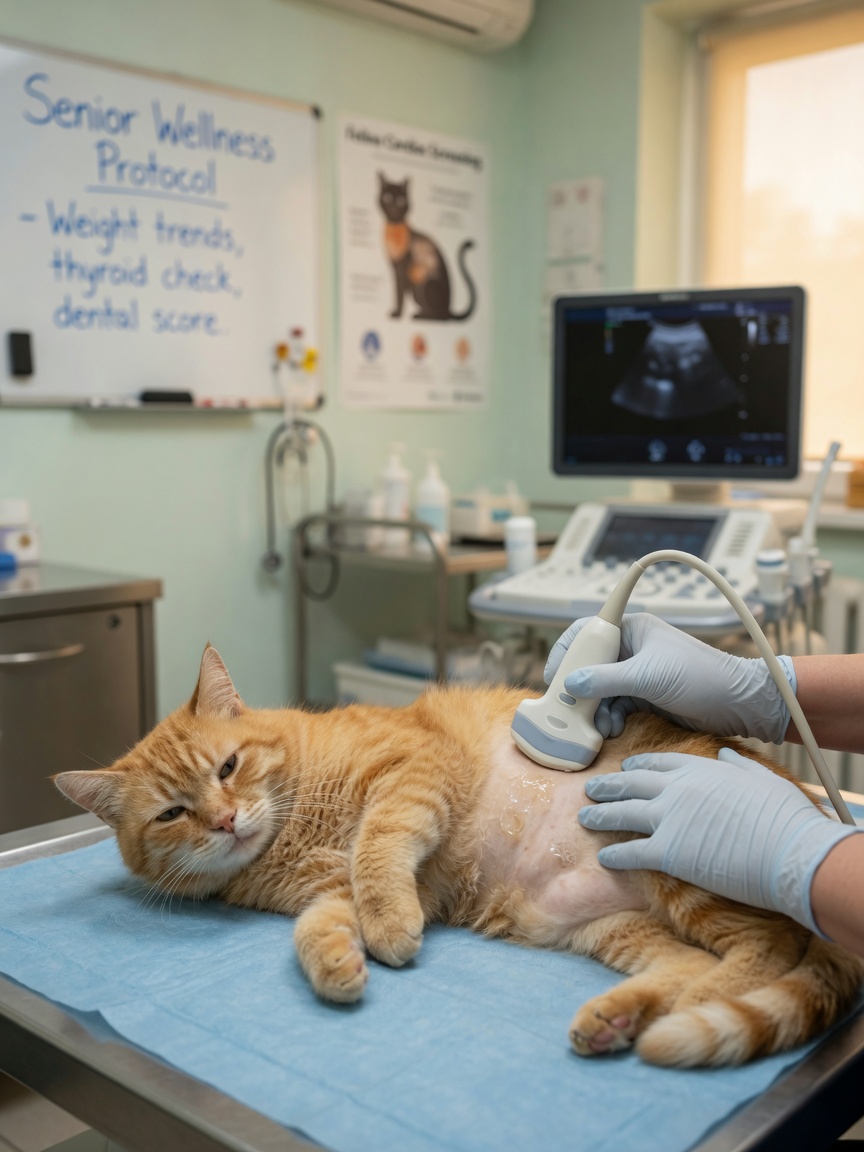 Veterinarian performing ultrasound examination on senior tabby cat to assess kidney function