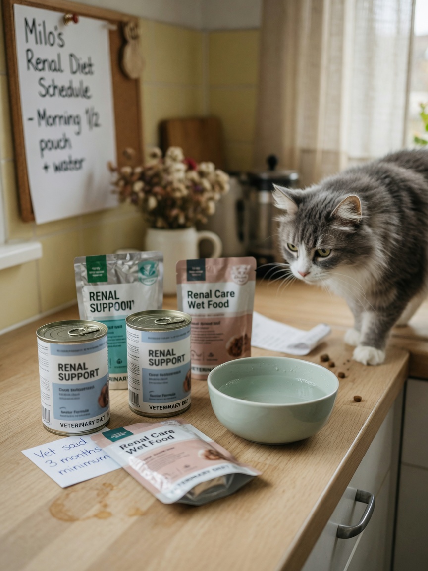 Collection of prescription renal diet cat food products on kitchen counter with senior cat in background