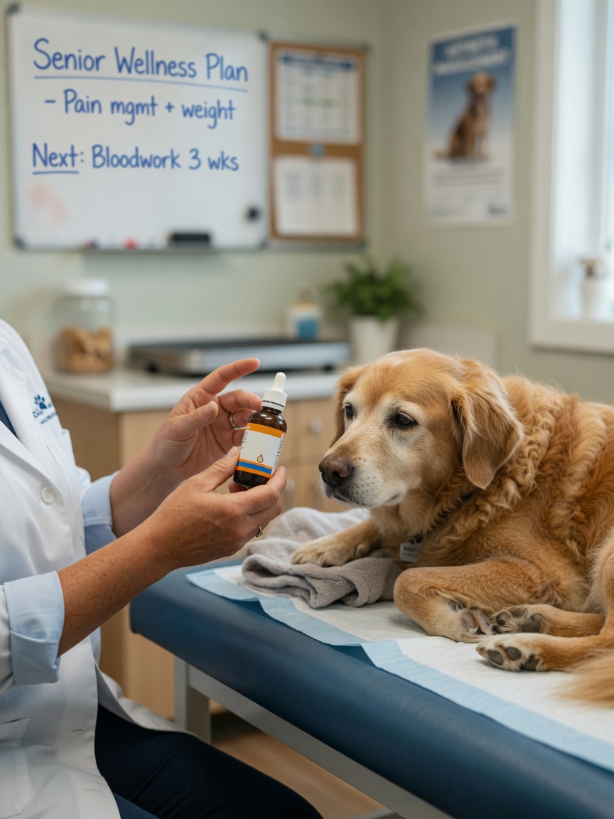 Veterinarian holding medication bottle beside senior dog on examination table during consultation