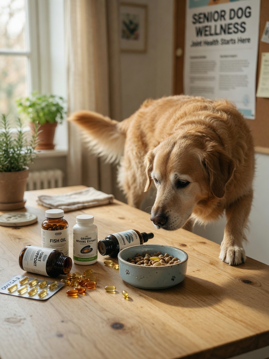 Joint supplement bottles and capsules arranged beside senior dog's food bowl, representing multimodal arthritis support