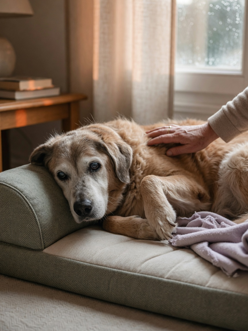 Senior dog with grey muzzle resting on orthopedic bed, showing signs of arthritis and age-related changes with owner's caring hand nearby