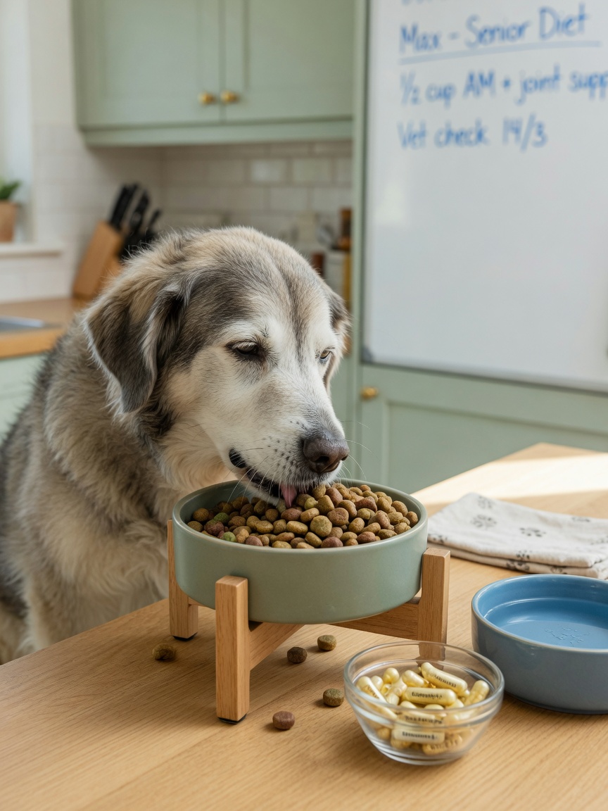 Senior dog eating from elevated food bowl with joint supplement capsules nearby, demonstrating tailored nutrition for aging pets