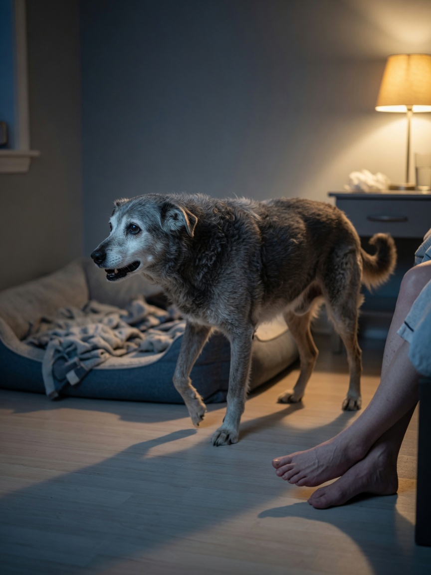 Senior dog pacing anxiously at night with confused expression, showing sleep disruption behavior