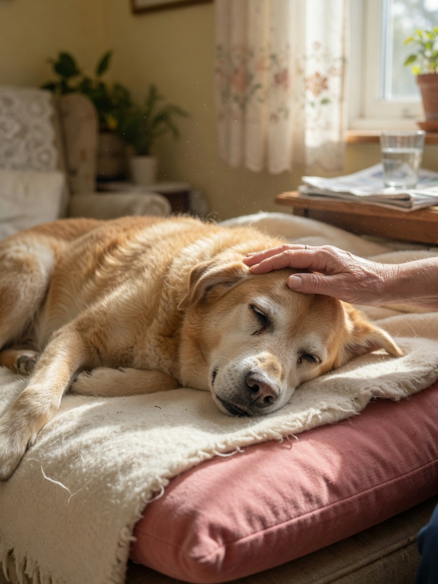 Senior dog resting peacefully with owner's gentle hand on its head, showing comfort care