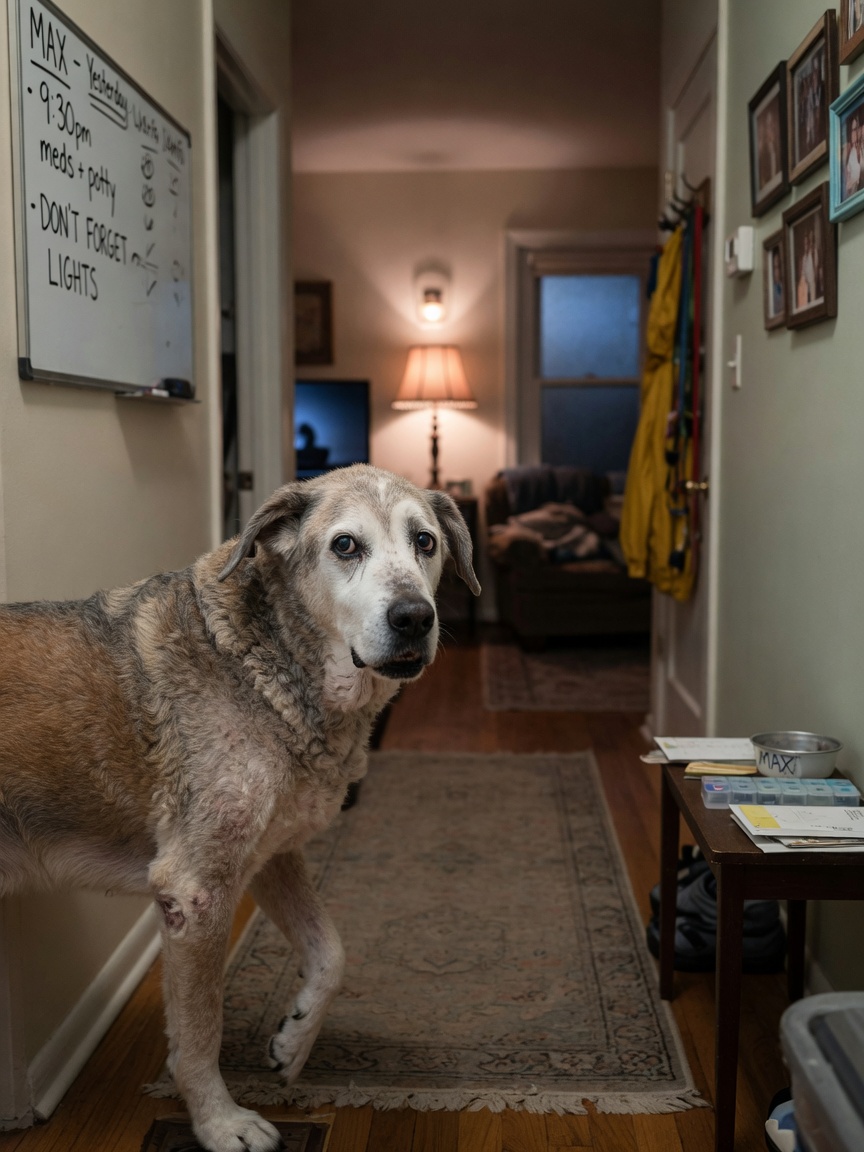 Elderly dog displaying signs of disorientation and confusion in a familiar home environment