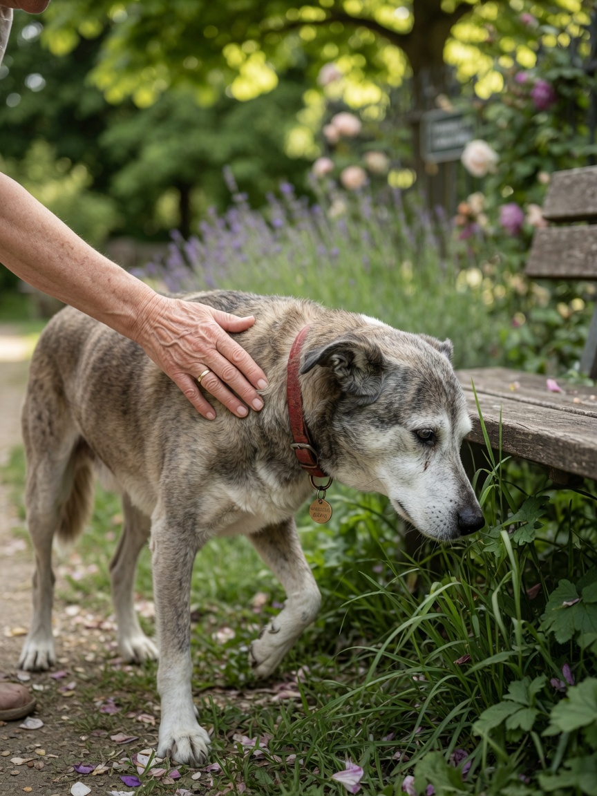 Owner and elderly senior dog on a gentle sniff walk together, demonstrating mental enrichment and bonding
