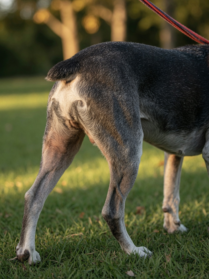 Cane anziano che mostra una massa muscolare magra ben definita durante una passeggiata tranquilla, illustrando l'importanza di un'adeguata assunzione di proteine per mantenere la salute muscolare