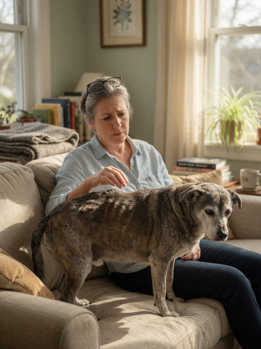 Senior dog owner observing weight loss and health changes in their aging pet at home