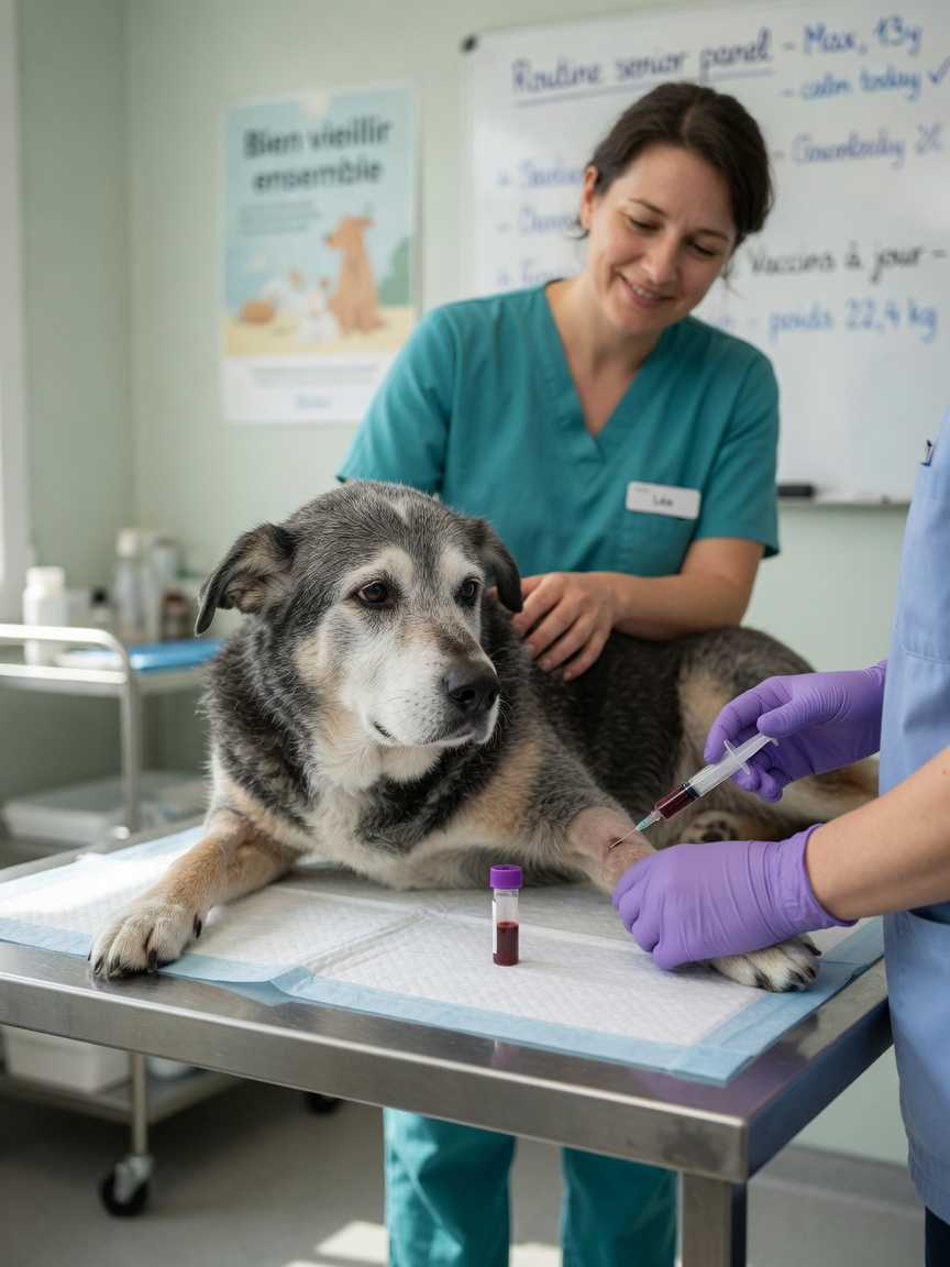 Veterinarian collecting blood sample from senior dog for health screening panel