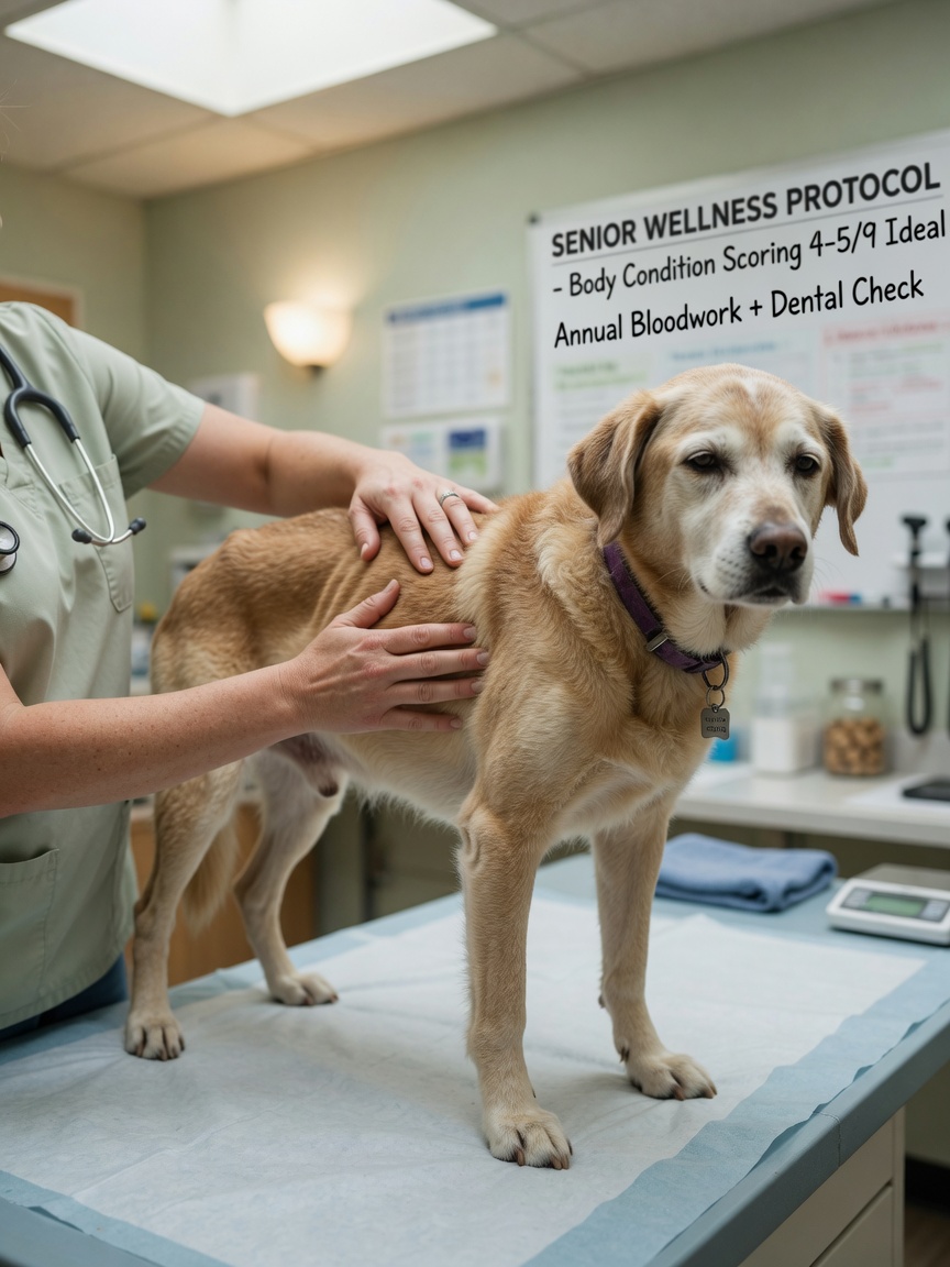 Veterinarian assessing senior dog's body condition by palpating ribcage during wellness exam