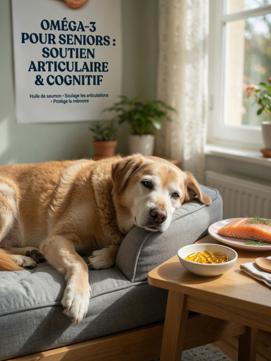 Senior dog resting on orthopedic bed near omega-3 supplement bowl by sunlit window