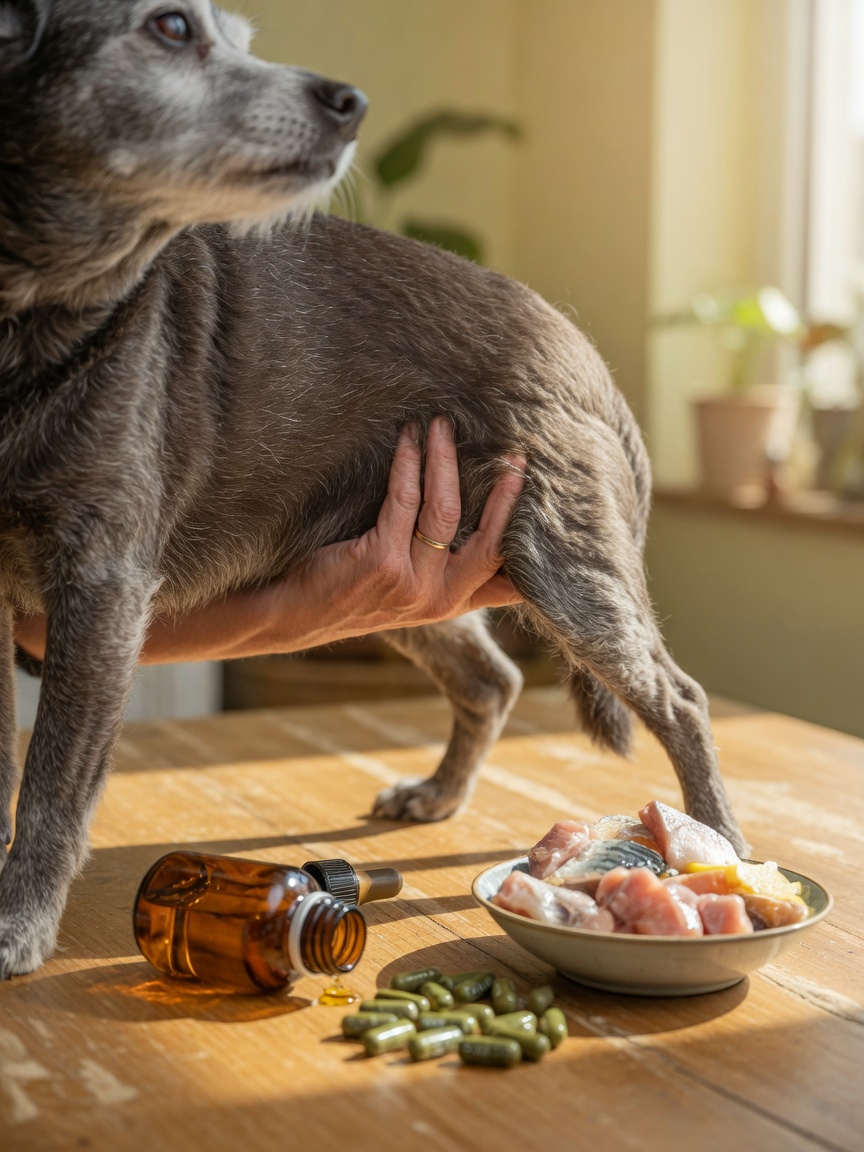 Senior dog's hind leg with owner's hand massaging joint, omega-3 and green-lipped mussel supplements nearby