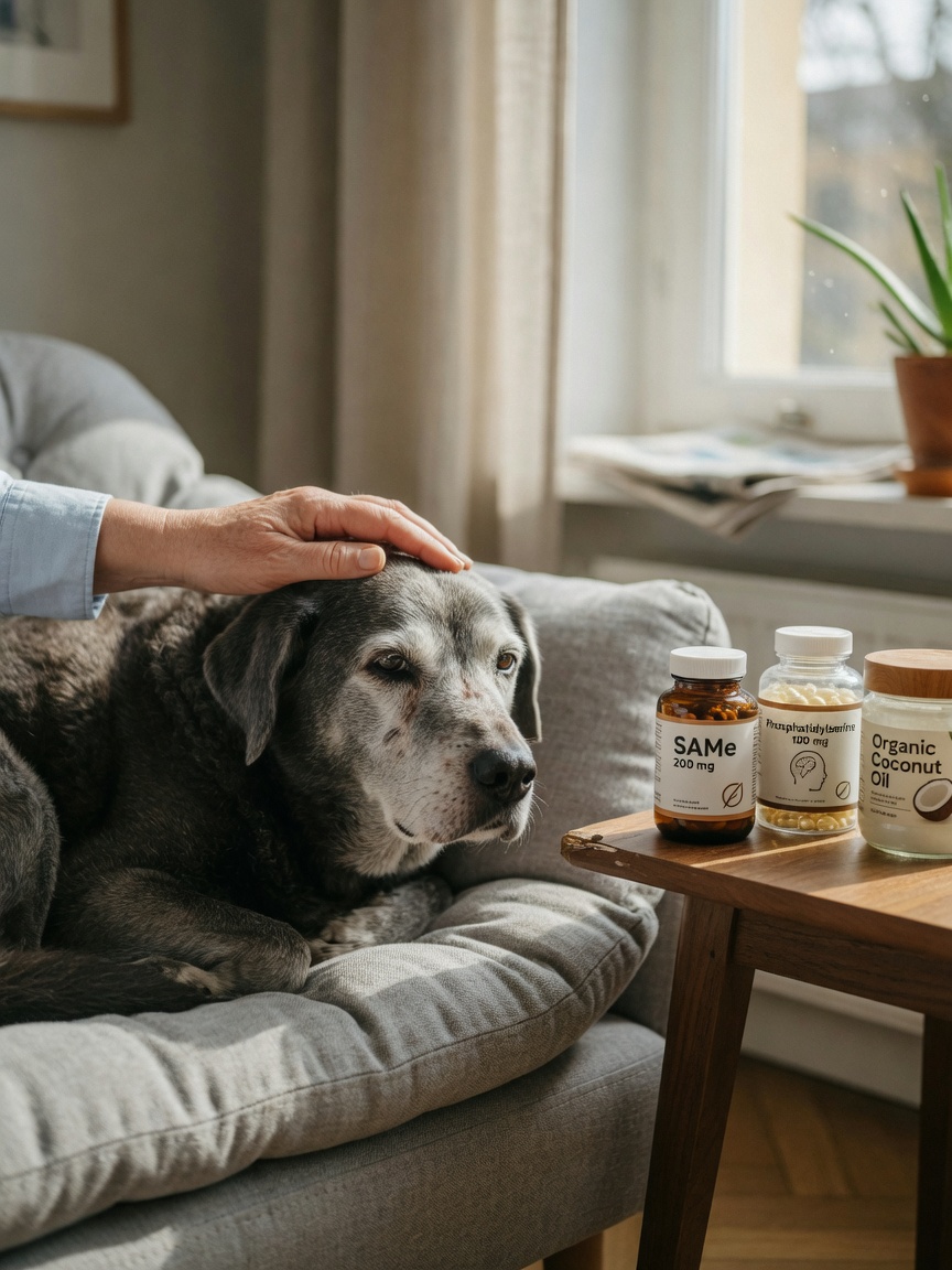 Elderly dog resting peacefully by window with cognitive health supplements on nearby table
