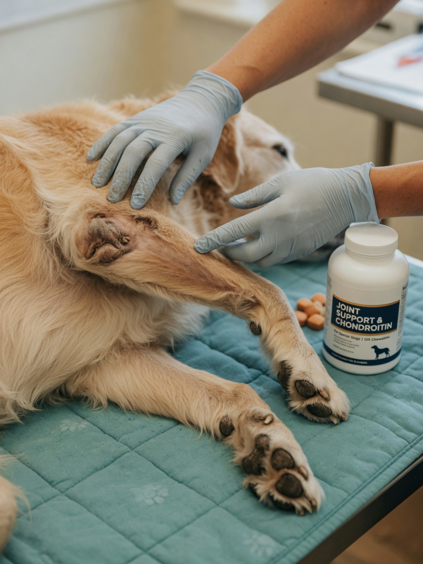 Veterinario che esamina l'articolazione di un cane anziano con integratore di glucosamina visibile sul tappetino di esame