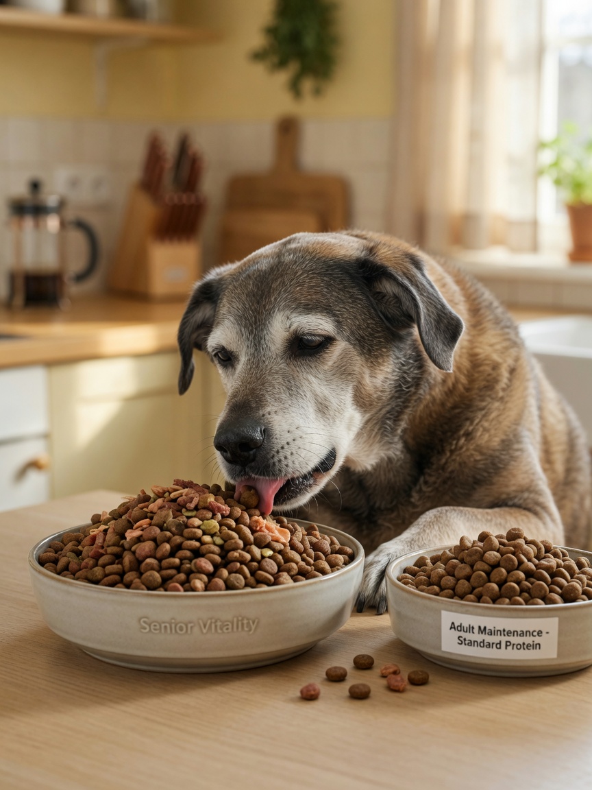 Senior dog eating high-protein senior dog food from bowl in warm home kitchen