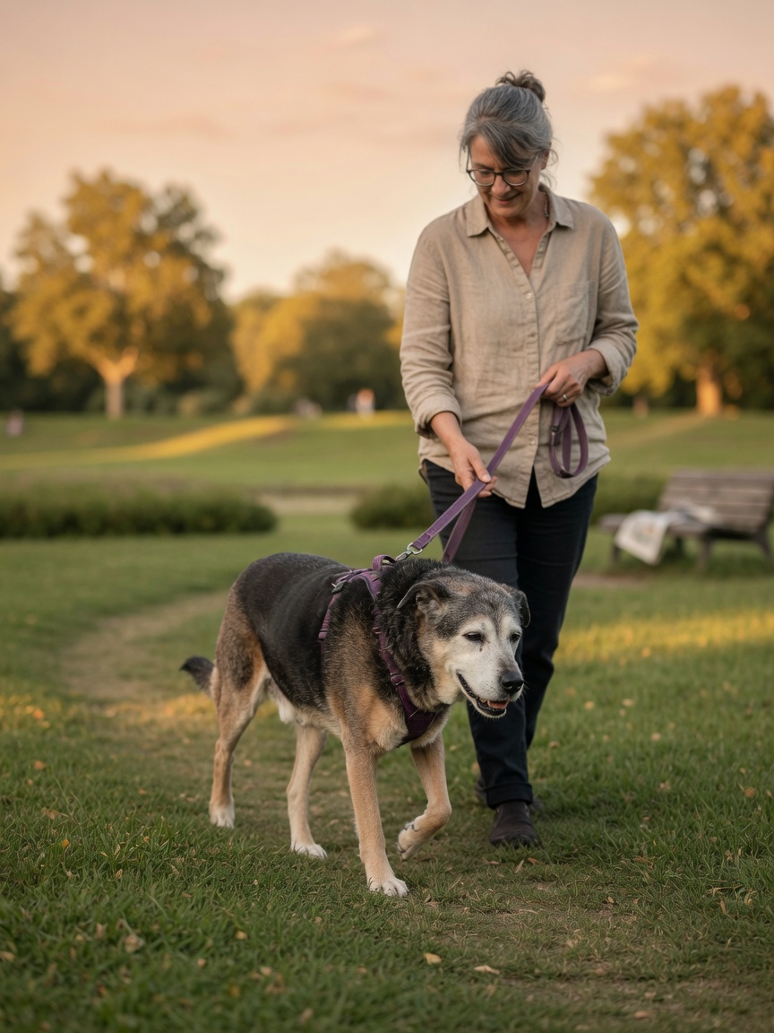 Elderly dog on gentle short walk with owner in park, demonstrating joint-friendly exercise