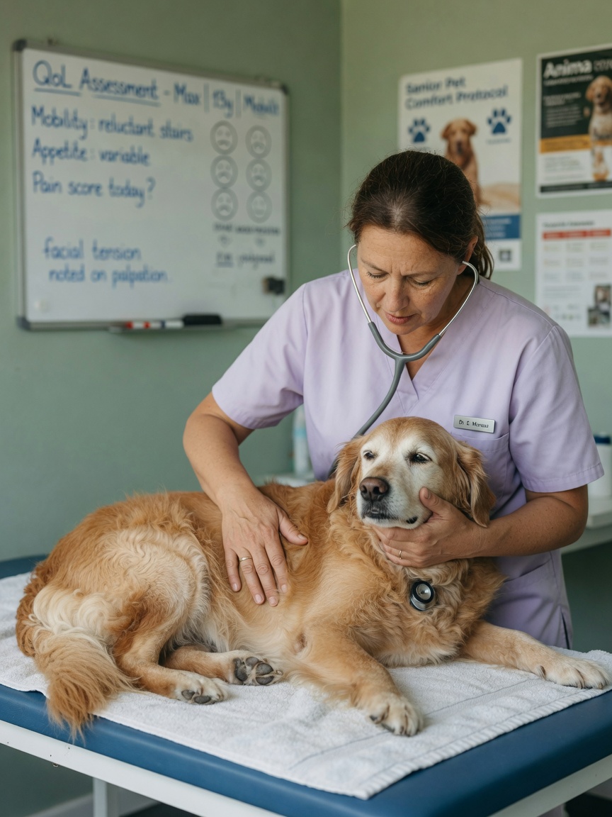 A veterinarian gently examining a senior pet during a quality of life assessment, observing the animal's condition and response with compassionate care