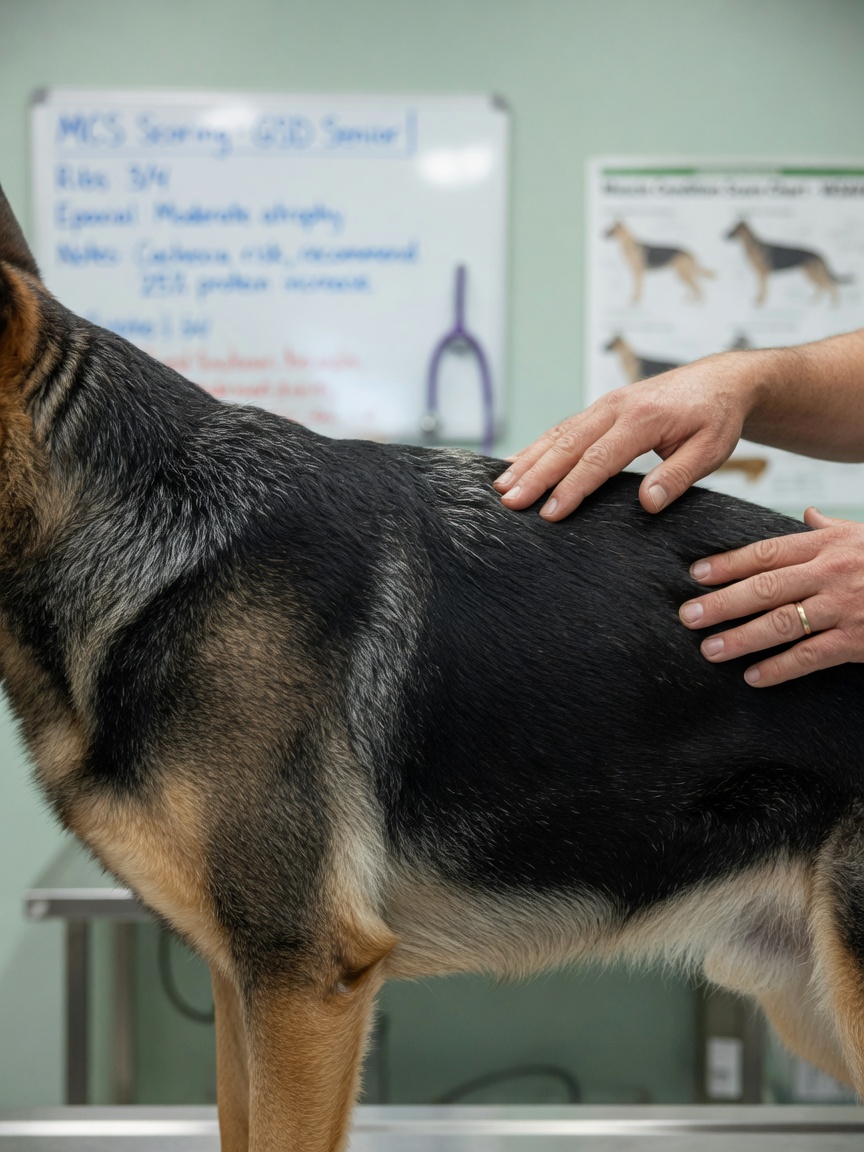 Veterinarian performing muscle condition scoring on a senior dog's shoulder and rib area